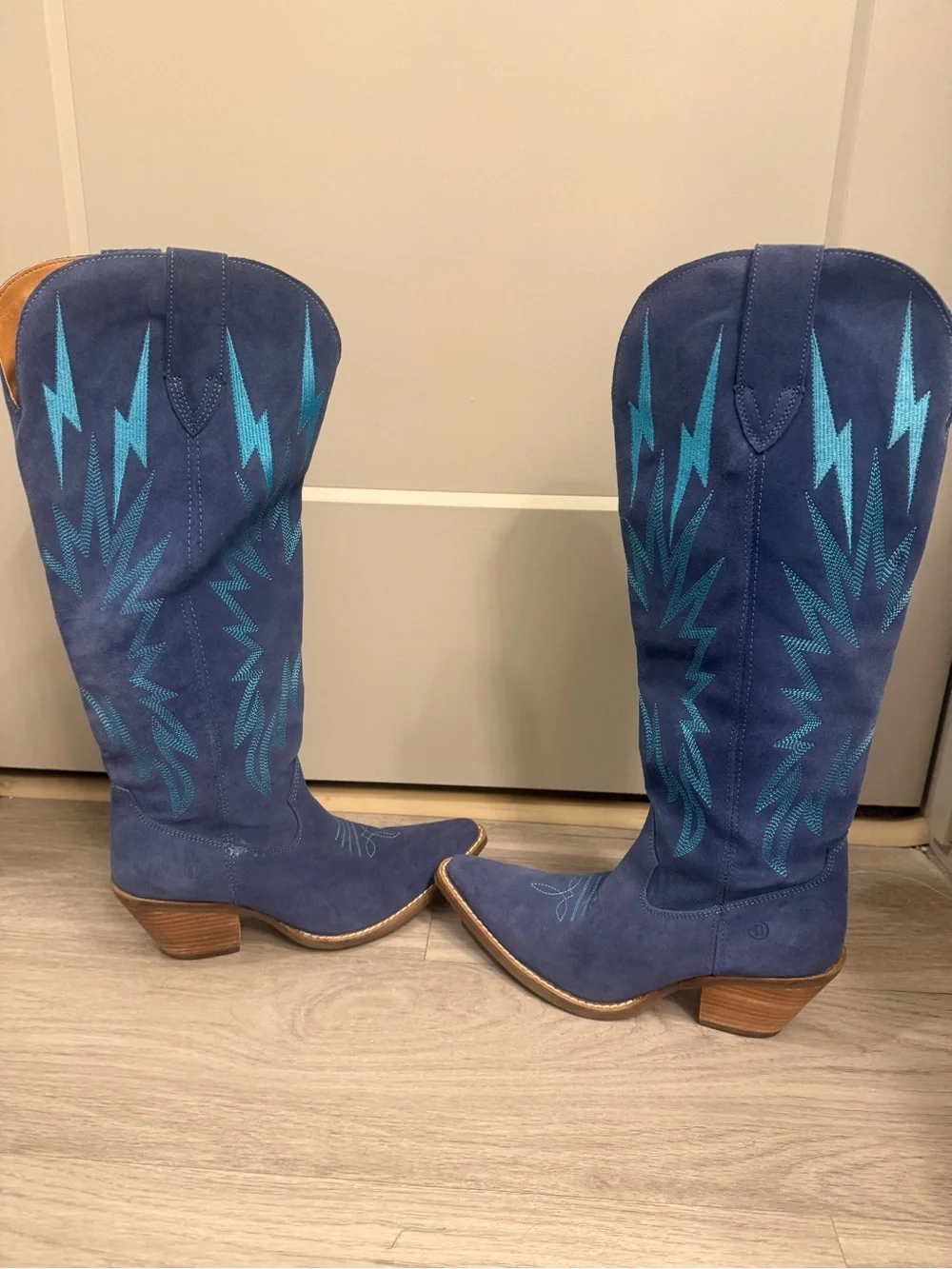 Blue Suede Knee-High Western Boot with Turquoise Stitching - Picture 2 of 4